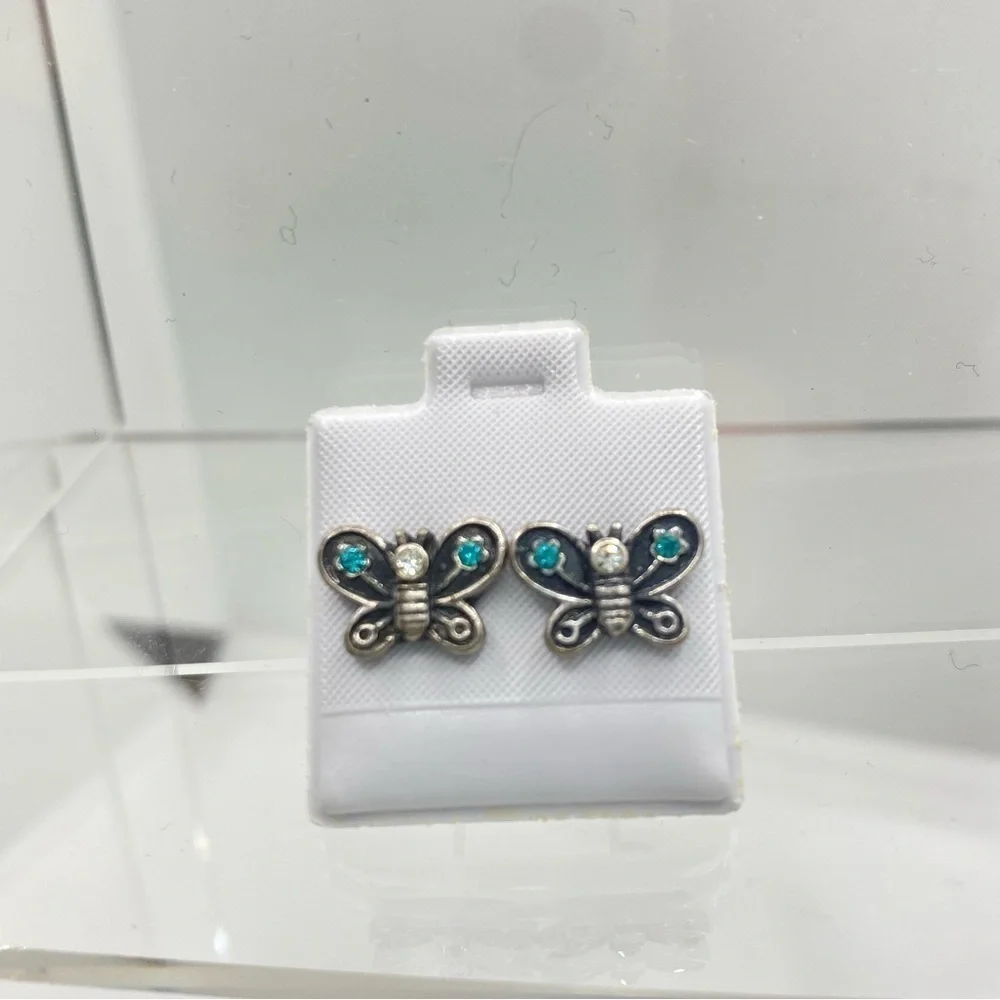 Turtle/ Butterfly Silver-Tone Enamel Rhinestone Stud Pierced Earrings Set Of 2